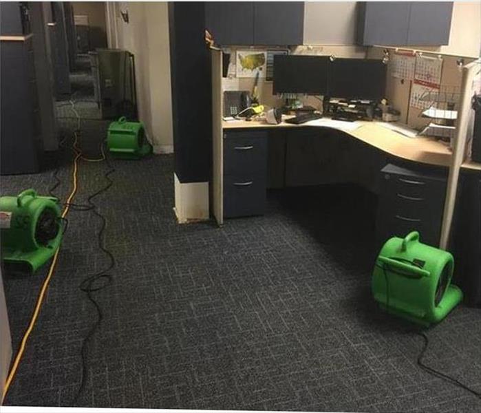 Green air movers, gray carpet, office cubicle and hallway in an office workspace